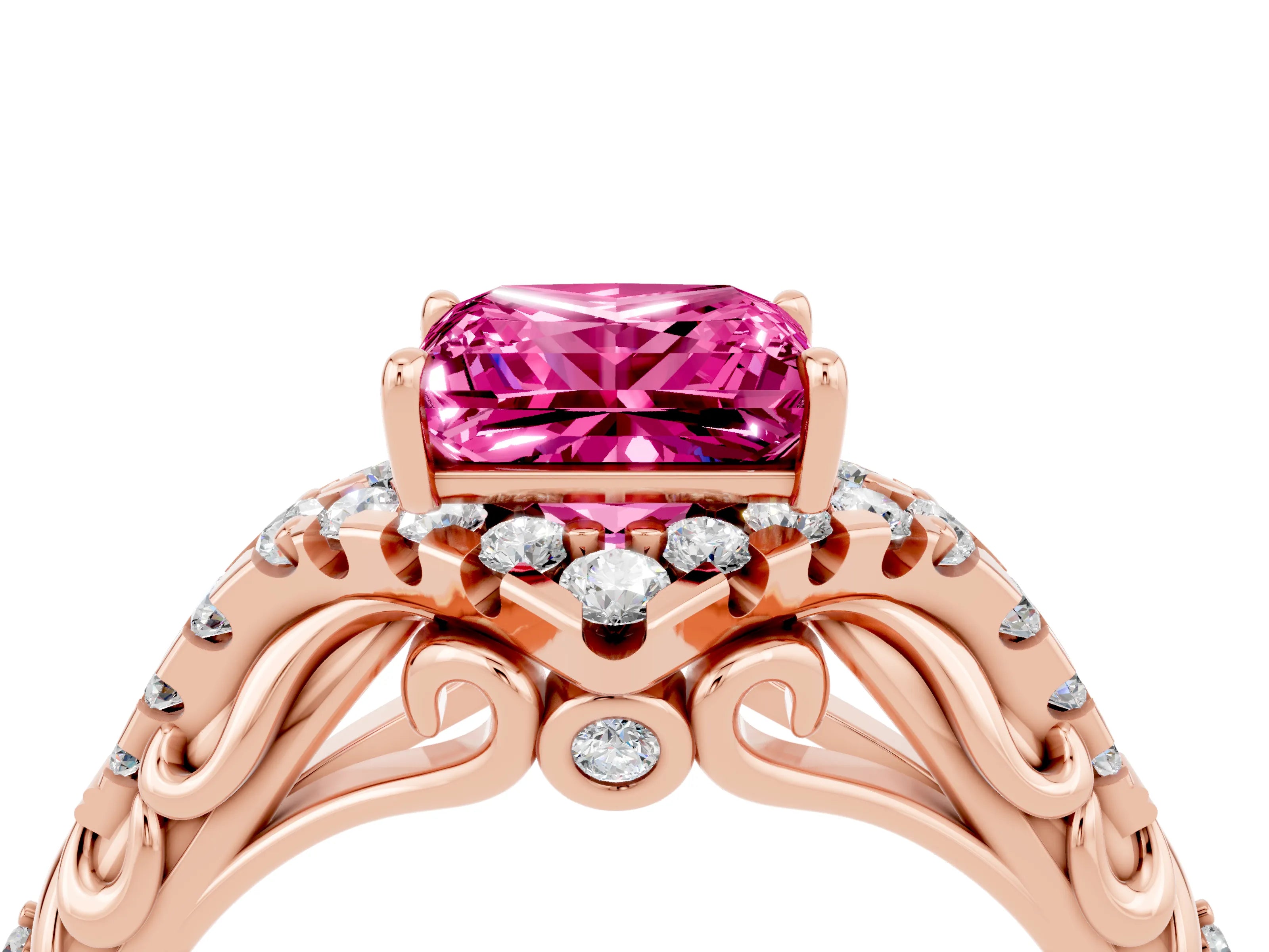 Rose gold Princess Cut Pink Sapphire Solitaire Ring with Hidden Halo and Pavé Band_16