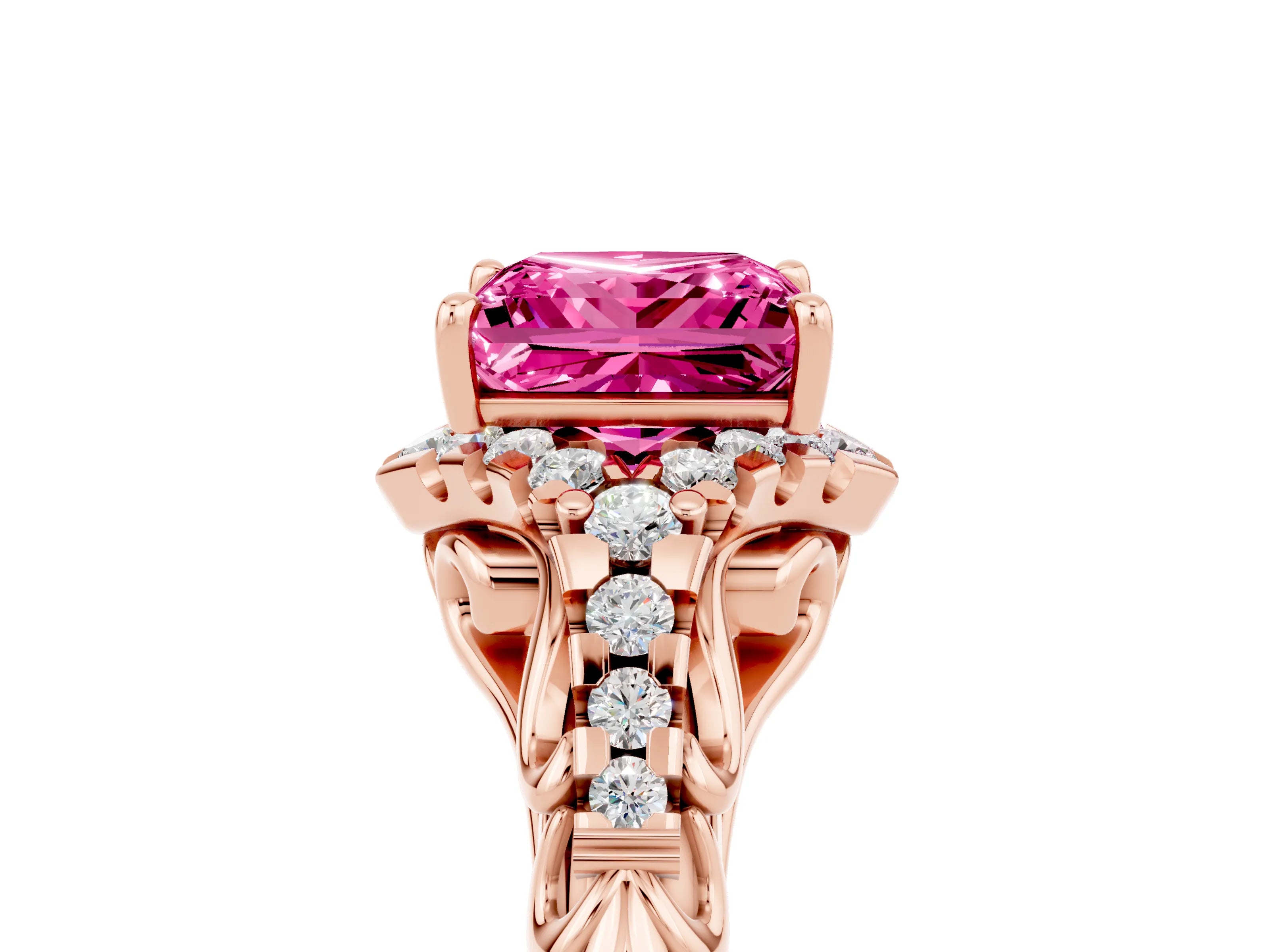 Rose gold Princess Cut Pink Sapphire Solitaire Ring with Hidden Halo and Pavé Band_17