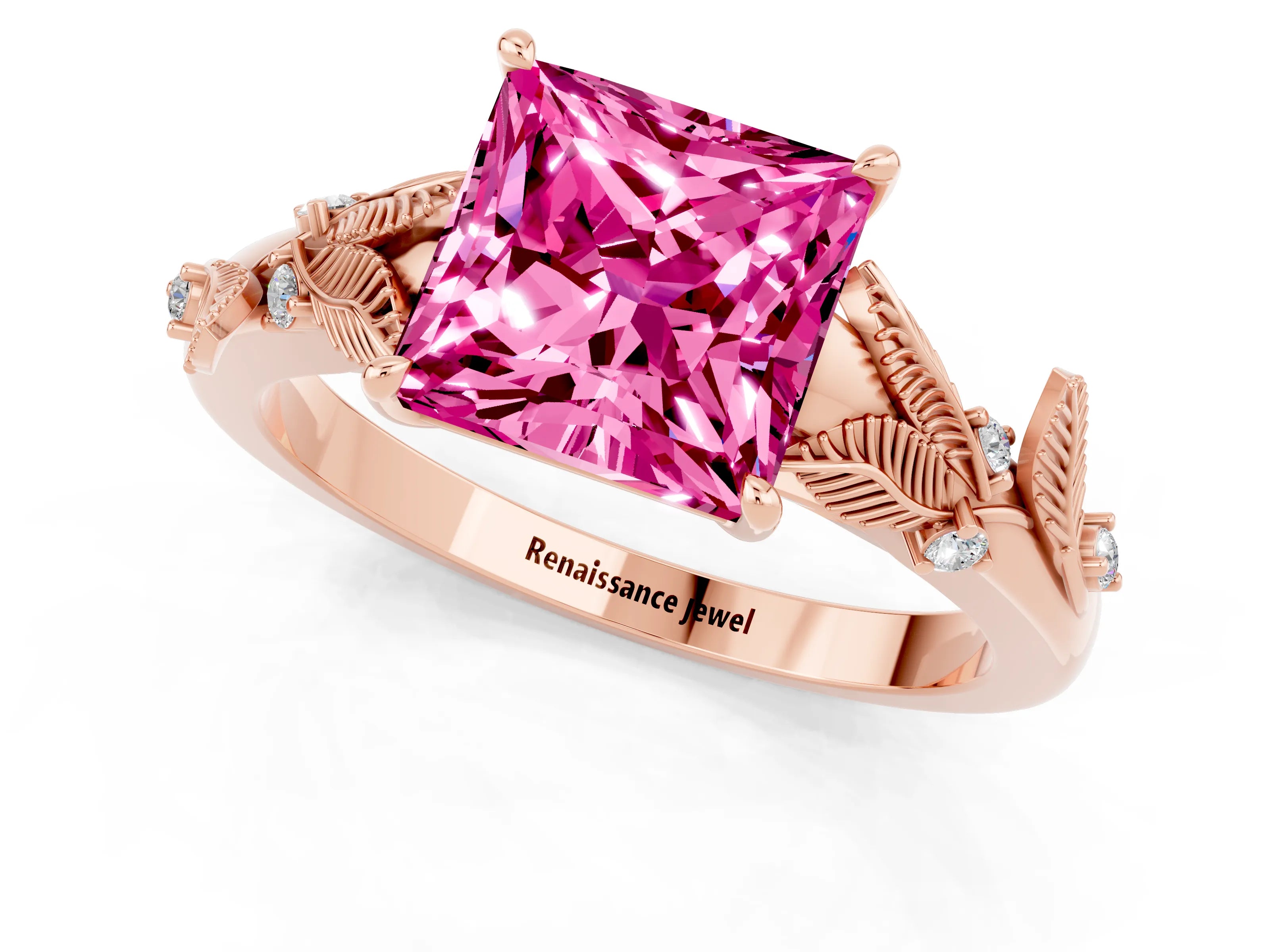 Rose gold Princess Cut Pink Sapphire Solitaire Ring with Leaf Motif Band and Four-Prong Setting_1