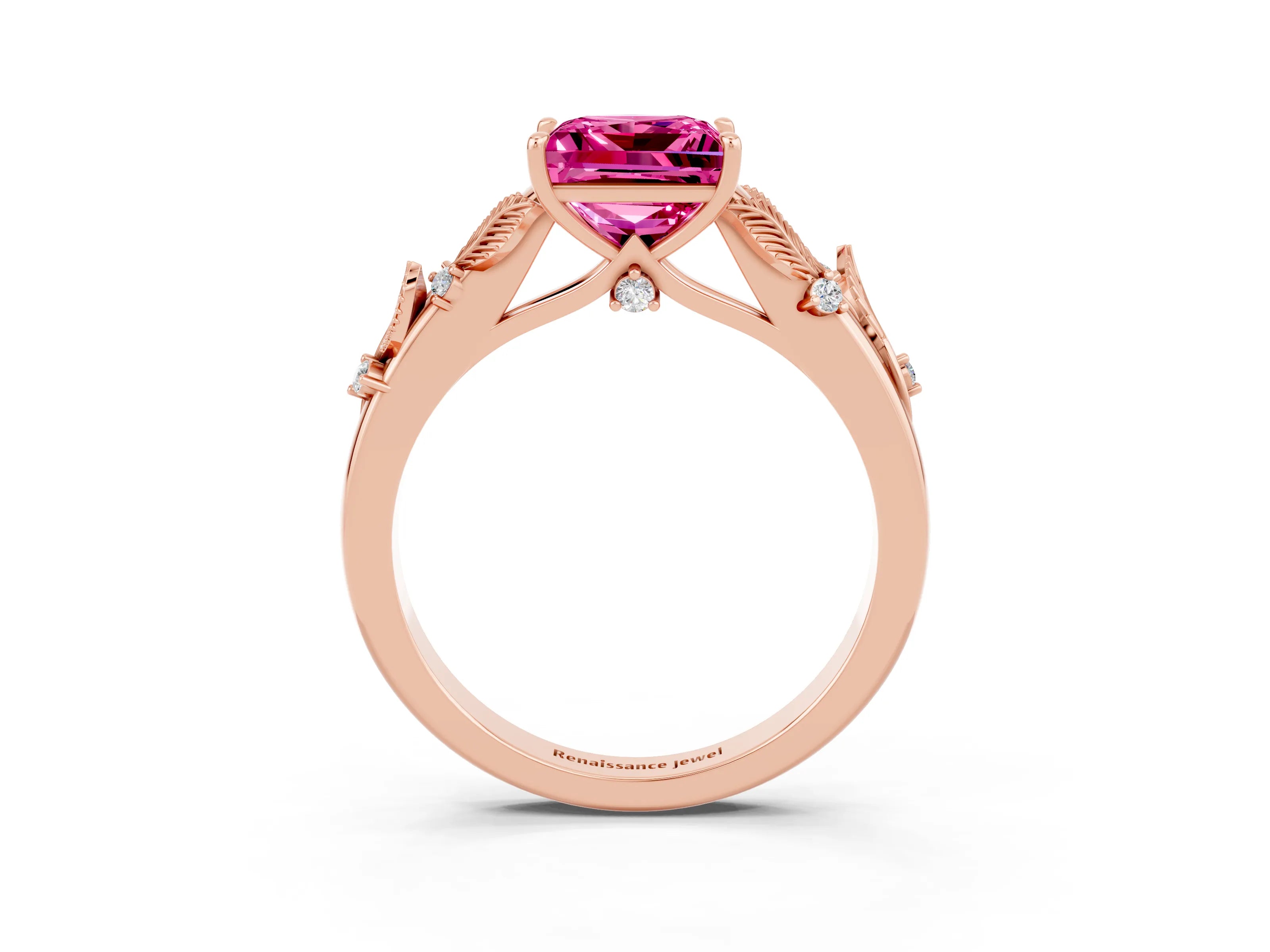 Rose gold Princess Cut Pink Sapphire Solitaire Ring with Leaf Motif Band and Four-Prong Setting_3