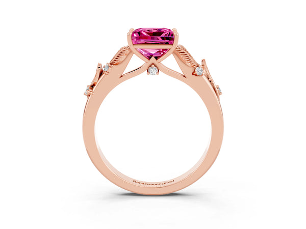 Rose gold Princess Cut Pink Sapphire Solitaire Ring with Leaf Motif Band and Four-Prong Setting