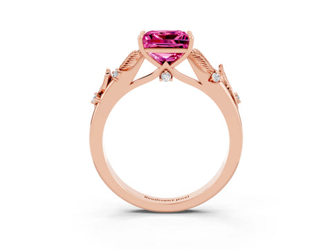 Rose gold Princess Cut Pink Sapphire Solitaire Ring with Leaf Motif Band and Four-Prong Setting_3