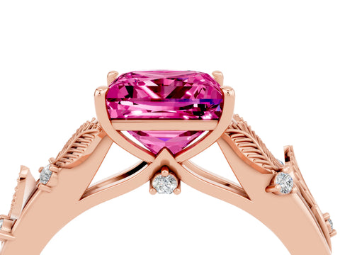 Rose gold Princess Cut Pink Sapphire Solitaire Ring with Leaf Motif Band and Four-Prong Setting_4