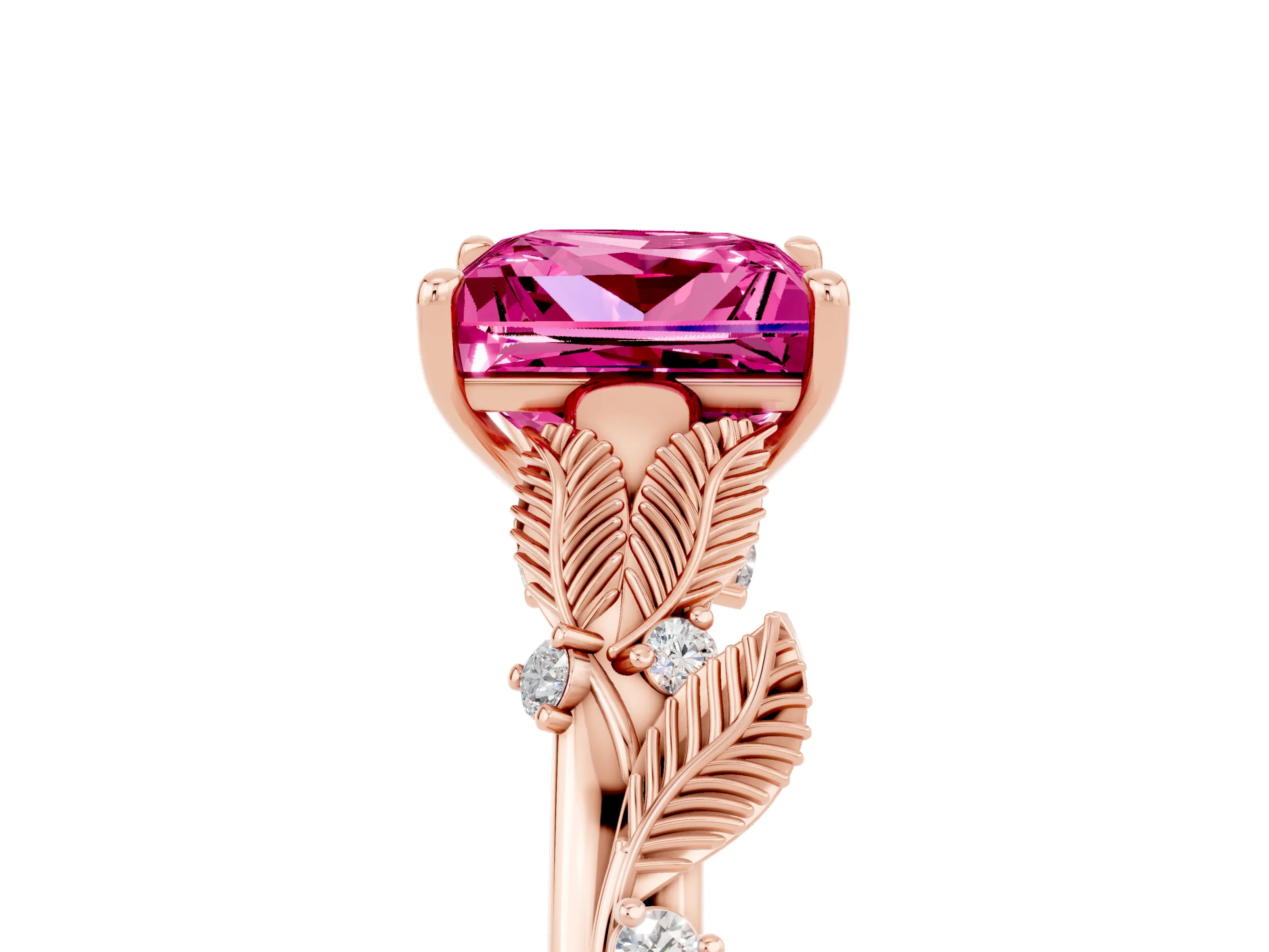 Rose gold Princess Cut Pink Sapphire Solitaire Ring with Leaf Motif Band and Four-Prong Setting_5