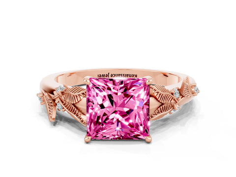 Rose gold Princess Cut Pink Sapphire Solitaire Ring with Leaf Motif Band and Four-Prong Setting