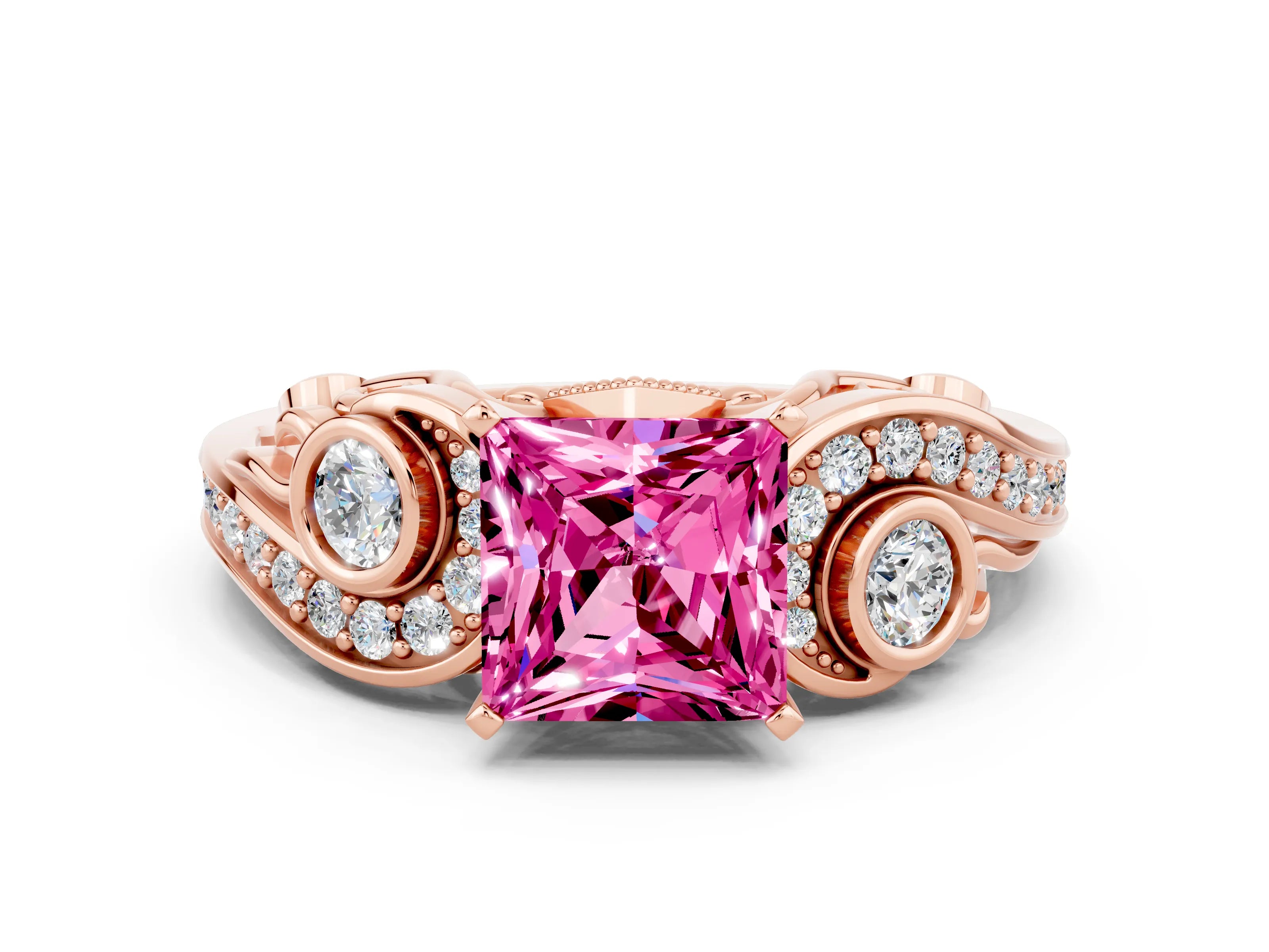 Rose gold Princess Cut Pink Sapphire Solitaire Ring with Milgrain Pavé Band and Four-Prong Setting_24