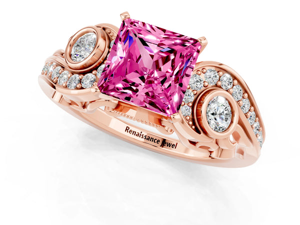 Rose gold Princess Cut Pink Sapphire Solitaire Ring with Milgrain Pavé Band and Four-Prong Setting