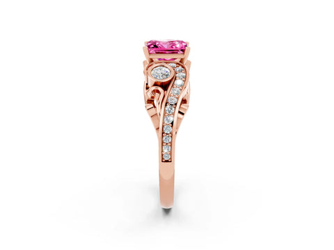 Rose gold Princess Cut Pink Sapphire Solitaire Ring with Milgrain Pavé Band and Four-Prong Setting_26