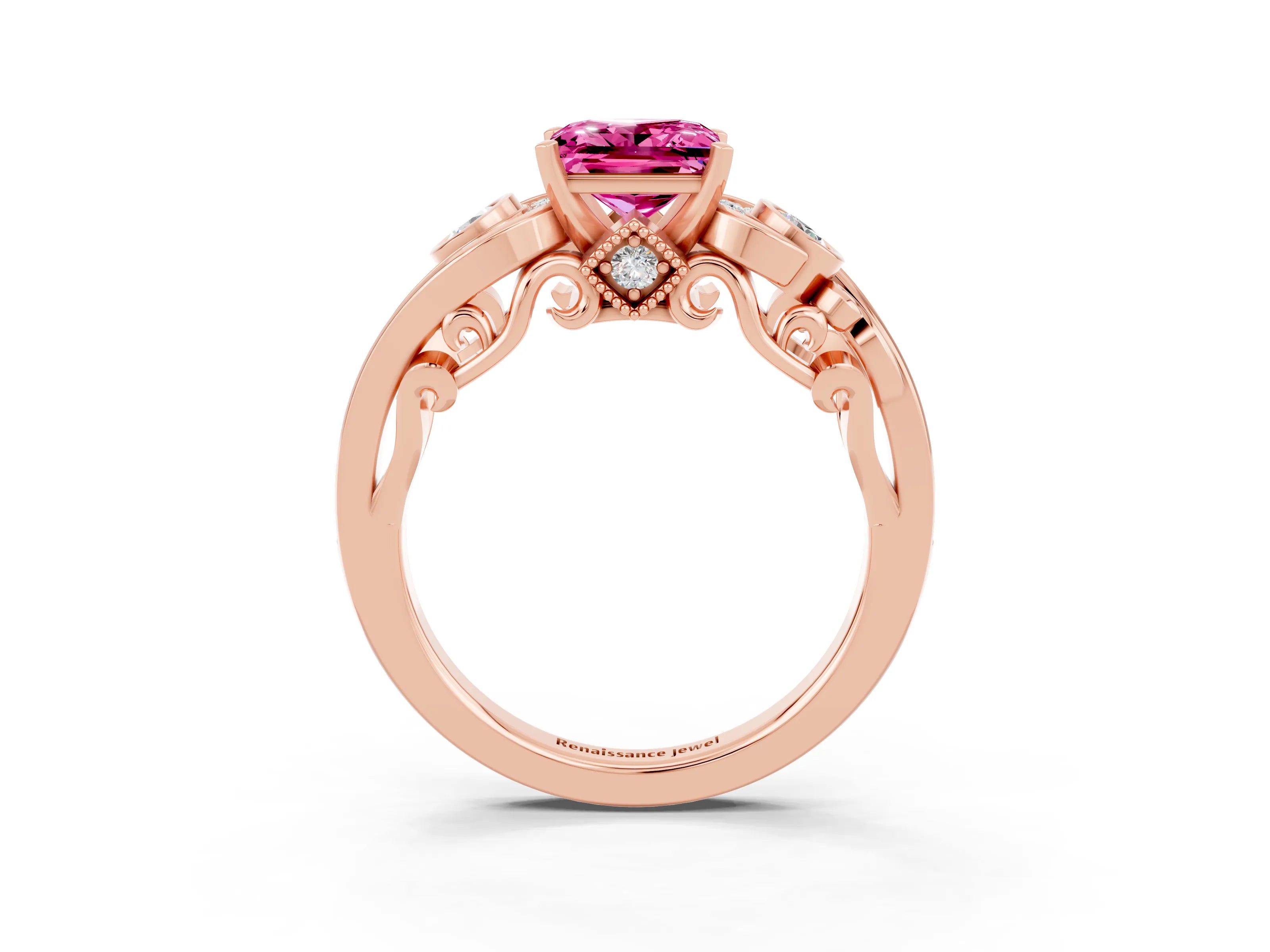 Rose gold Princess Cut Pink Sapphire Solitaire Ring with Milgrain Pavé Band and Four-Prong Setting_27