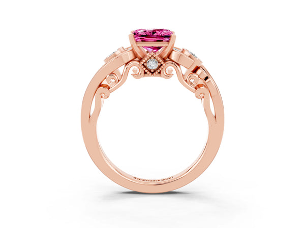 Rose gold Princess Cut Pink Sapphire Solitaire Ring with Milgrain Pavé Band and Four-Prong Setting