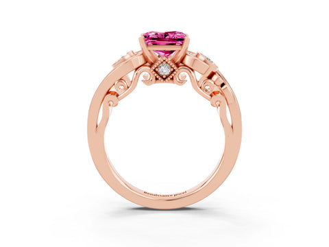 Rose gold Princess Cut Pink Sapphire Solitaire Ring with Milgrain Pavé Band and Four-Prong Setting_27