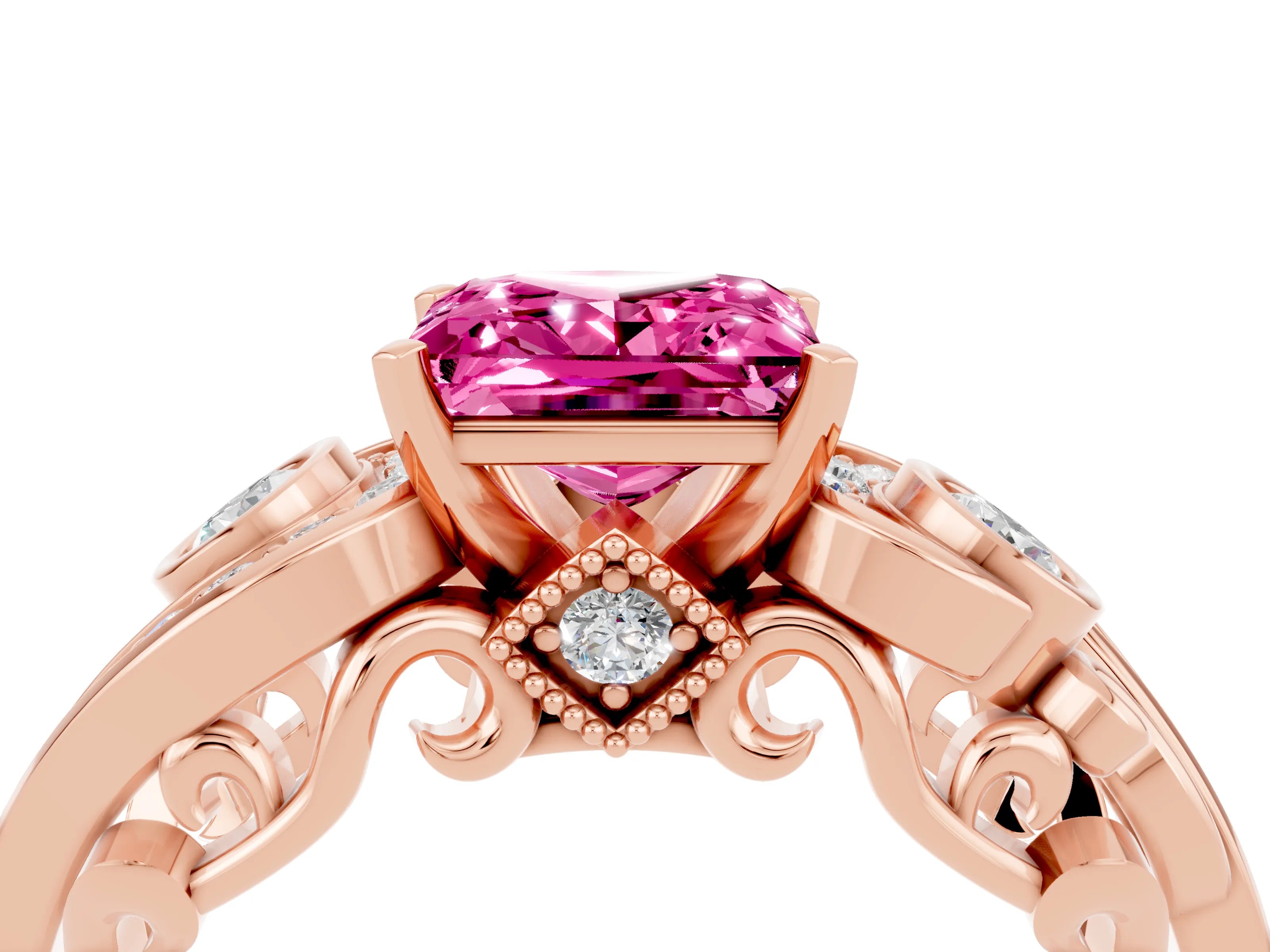 Rose gold Princess Cut Pink Sapphire Solitaire Ring with Milgrain Pavé Band and Four-Prong Setting_28