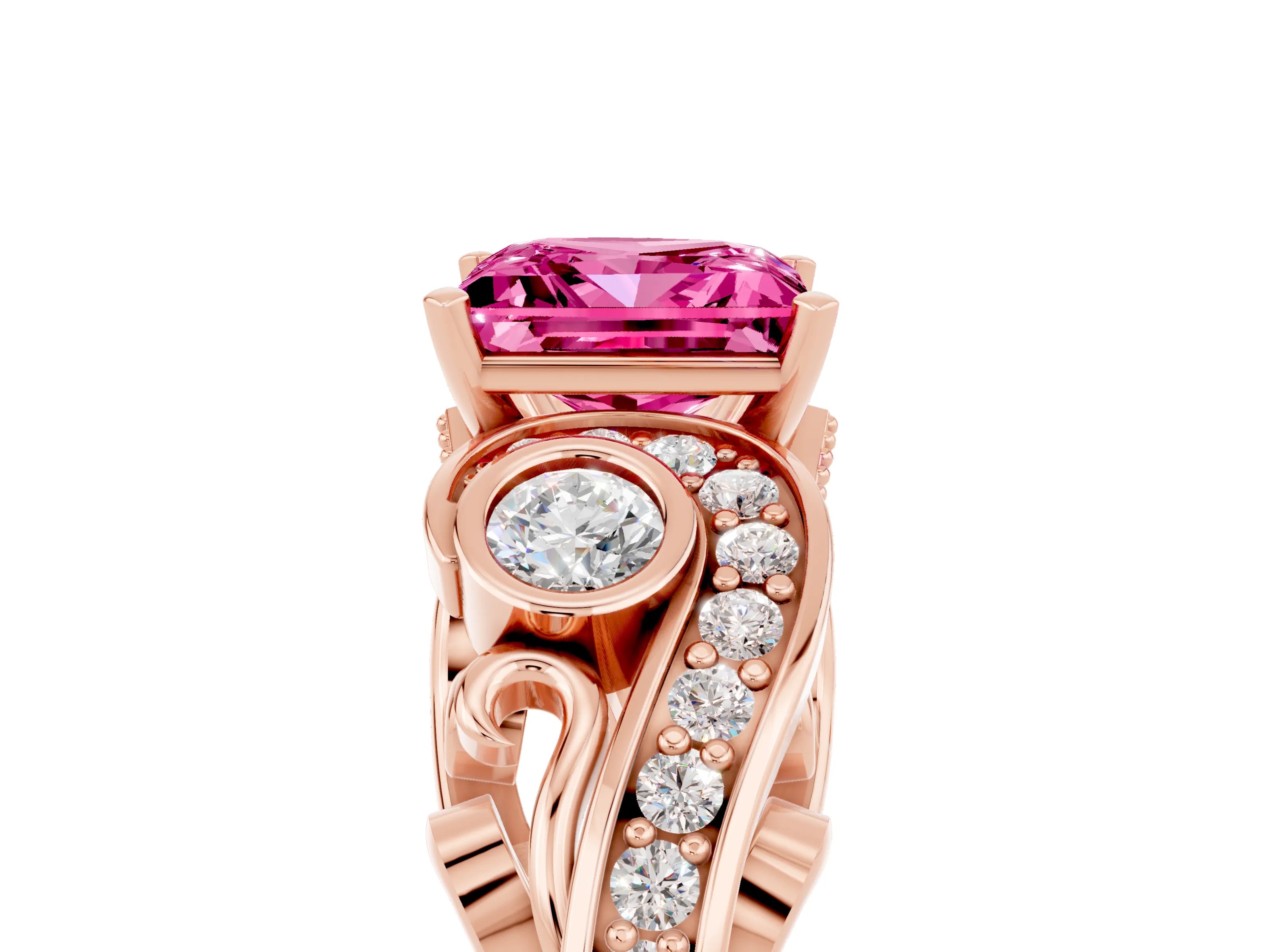 Rose gold Princess Cut Pink Sapphire Solitaire Ring with Milgrain Pavé Band and Four-Prong Setting_29
