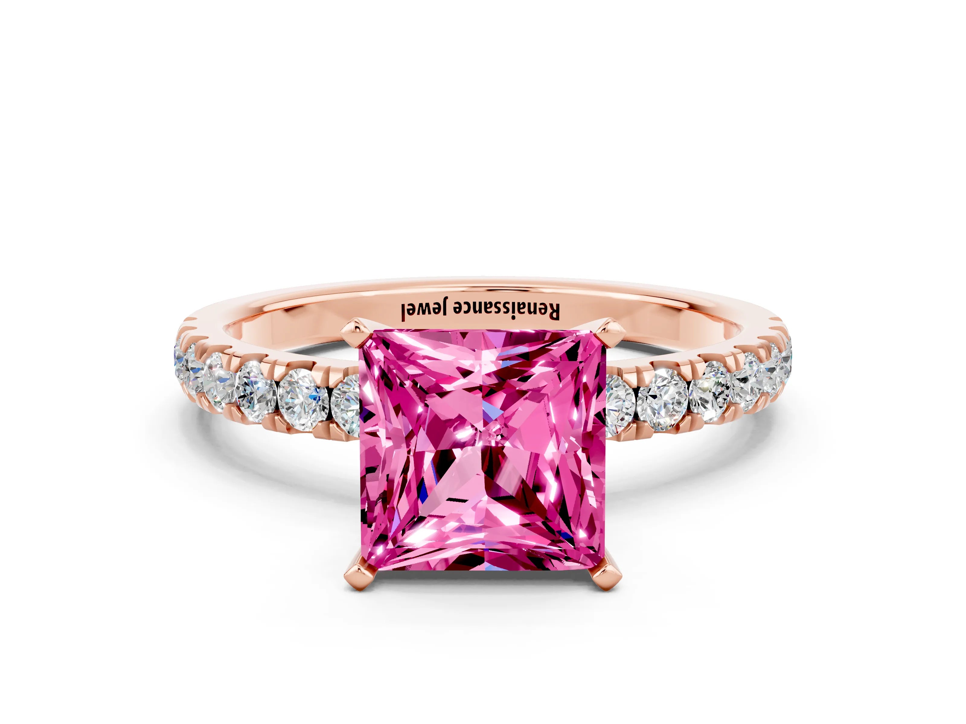 Rose gold Princess Cut Pink Sapphire Solitaire Ring with Pavé Accents and Four-Prong Setting_24