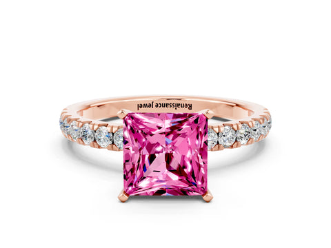 Rose gold Princess Cut Pink Sapphire Solitaire Ring with Pavé Accents and Four-Prong Setting_24