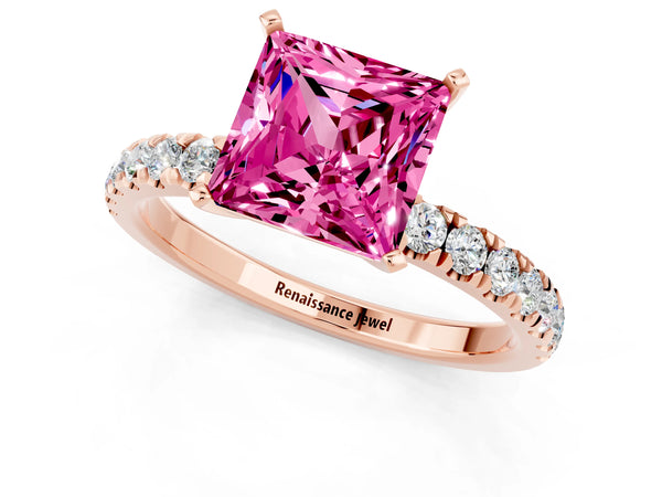 Rose gold Princess Cut Pink Sapphire Solitaire Ring with Pavé Accents and Four-Prong Setting
