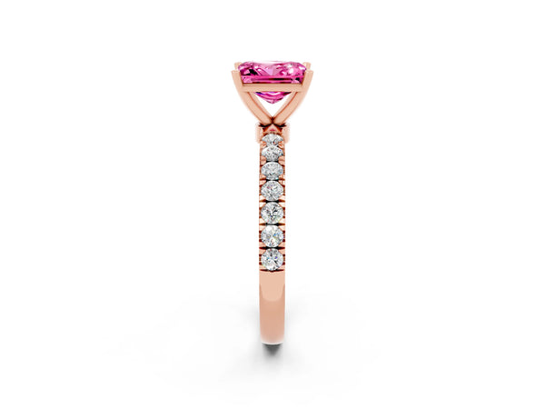 Rose gold Princess Cut Pink Sapphire Solitaire Ring with Pavé Accents and Four-Prong Setting