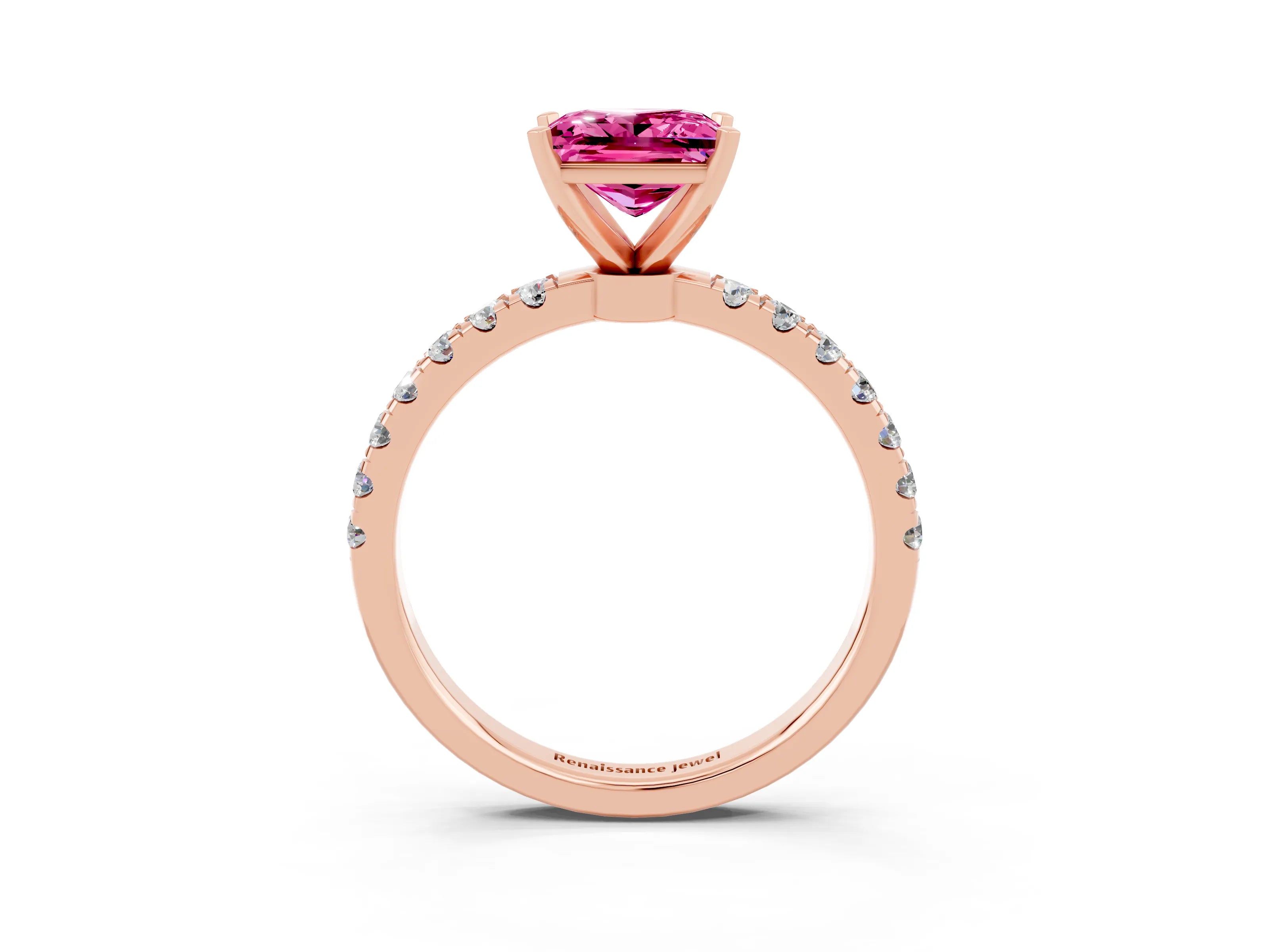 Rose gold Princess Cut Pink Sapphire Solitaire Ring with Pavé Accents and Four-Prong Setting_27