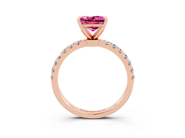 Rose gold Princess Cut Pink Sapphire Solitaire Ring with Pavé Accents and Four-Prong Setting