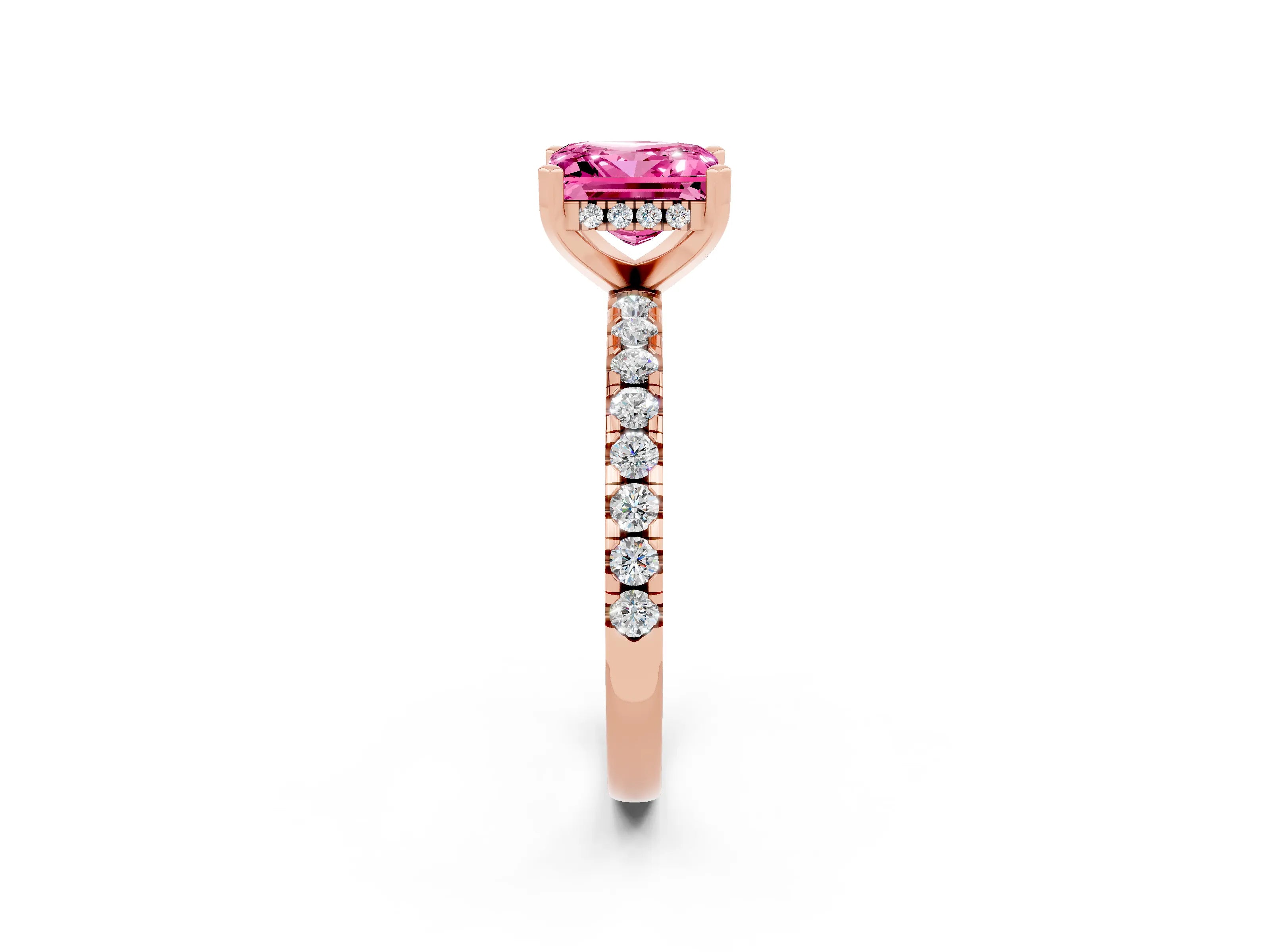 Rose gold Princess Cut Pink Sapphire Solitaire Ring with Pavé Band and Four-Prong Setting_62
