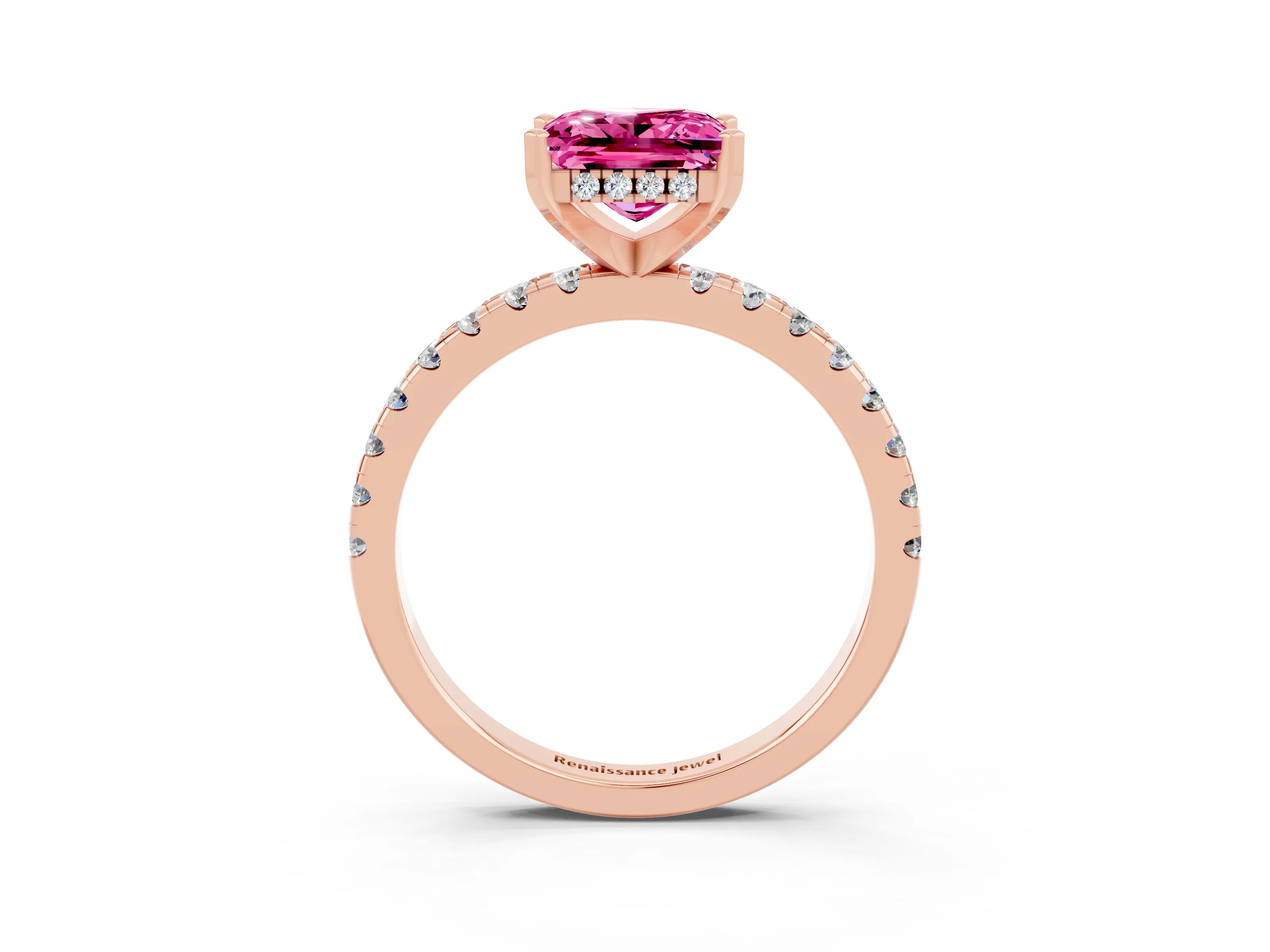Rose gold Princess Cut Pink Sapphire Solitaire Ring with Pavé Band and Four-Prong Setting_63