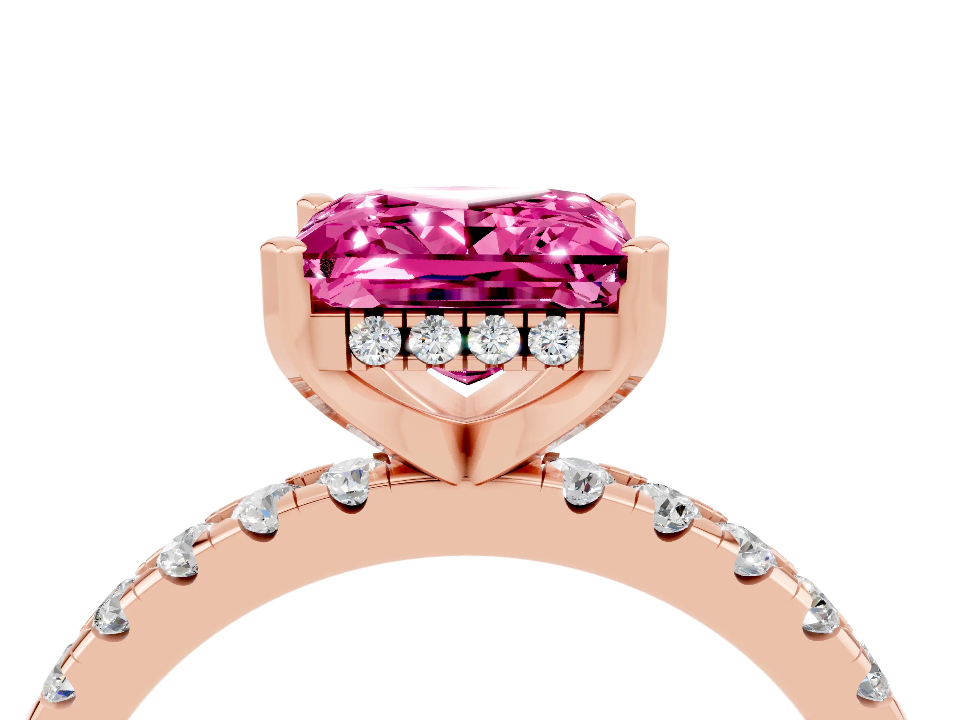 Rose gold Princess Cut Pink Sapphire Solitaire Ring with Pavé Band and Four-Prong Setting_64