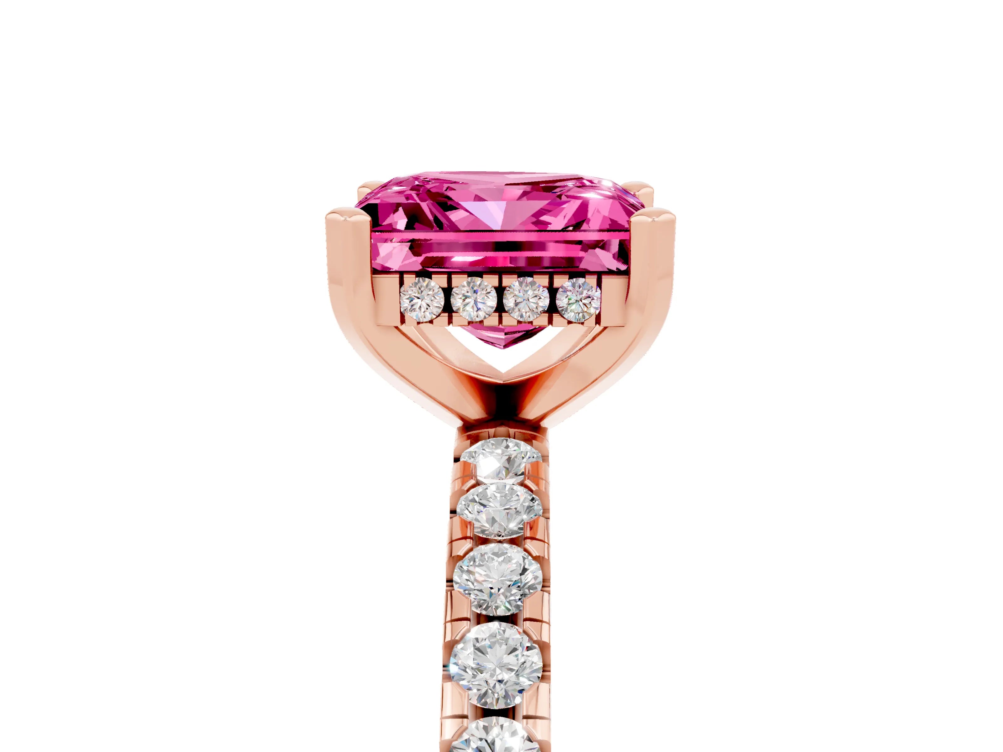 Rose gold Princess Cut Pink Sapphire Solitaire Ring with Pavé Band and Four-Prong Setting_65