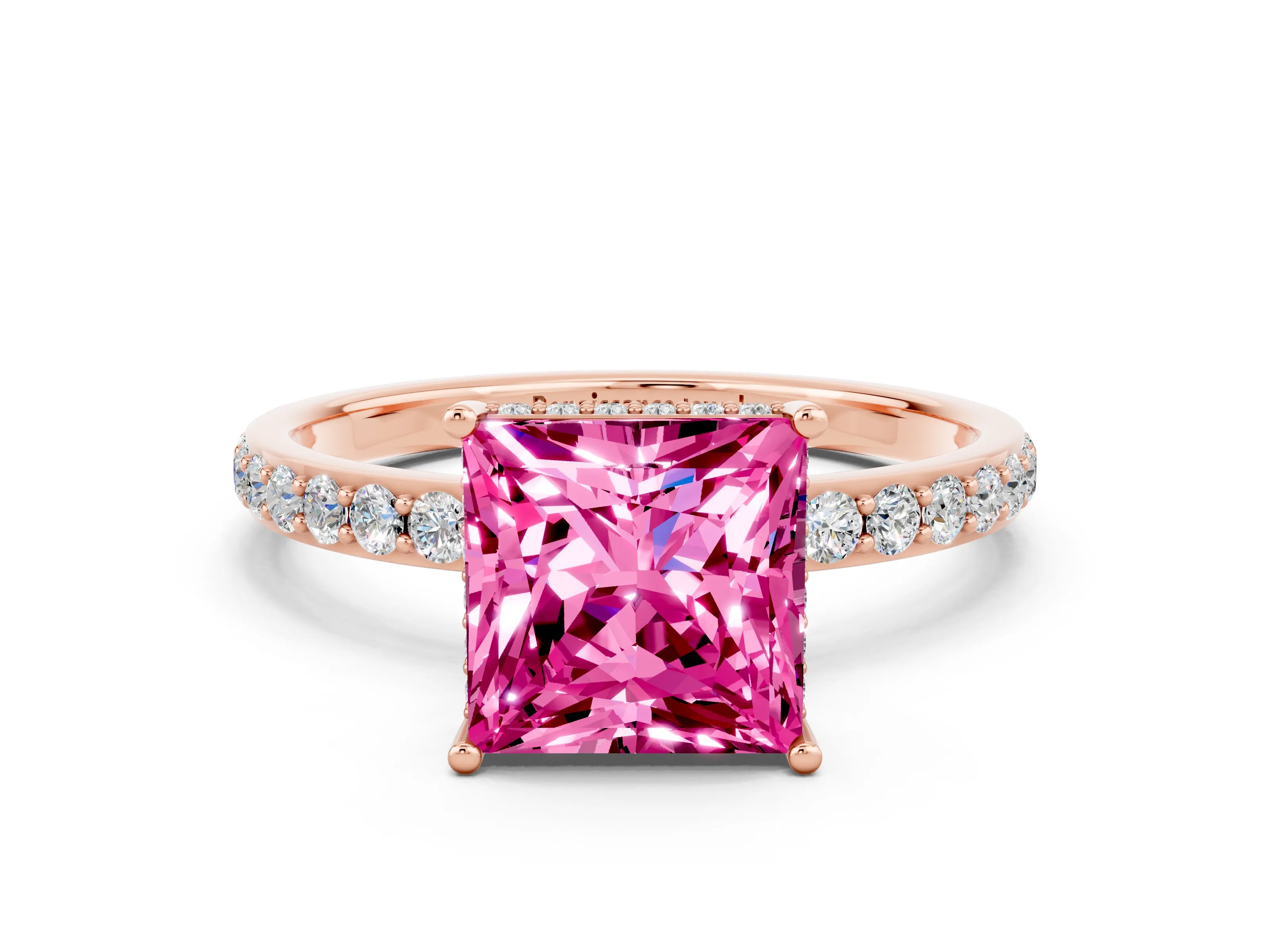 Rose gold Princess Cut Pink Sapphire Solitaire Ring with Pavé Band and Hidden Halo_12