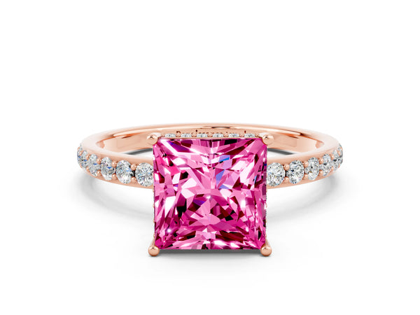 Rose gold Princess Cut Pink Sapphire Solitaire Ring with Pavé Band and Hidden Halo