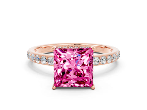 Rose gold Princess Cut Pink Sapphire Solitaire Ring with Pavé Band and Hidden Halo_12