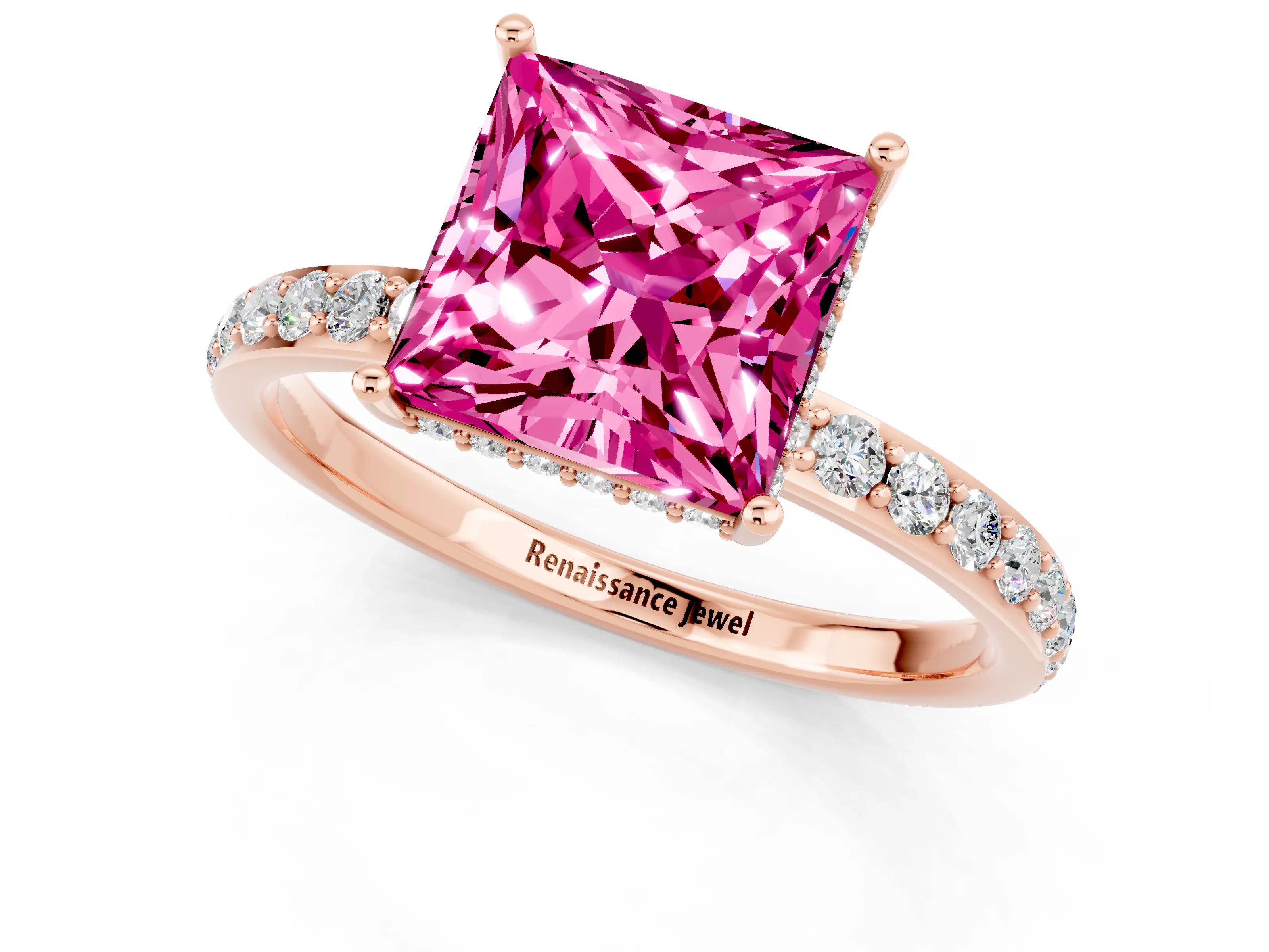 Rose gold Princess Cut Pink Sapphire Solitaire Ring with Pavé Band and Hidden Halo_13