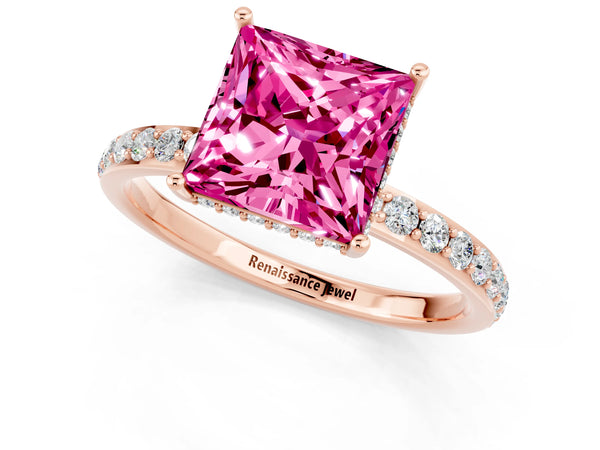 Rose gold Princess Cut Pink Sapphire Solitaire Ring with Pavé Band and Hidden Halo