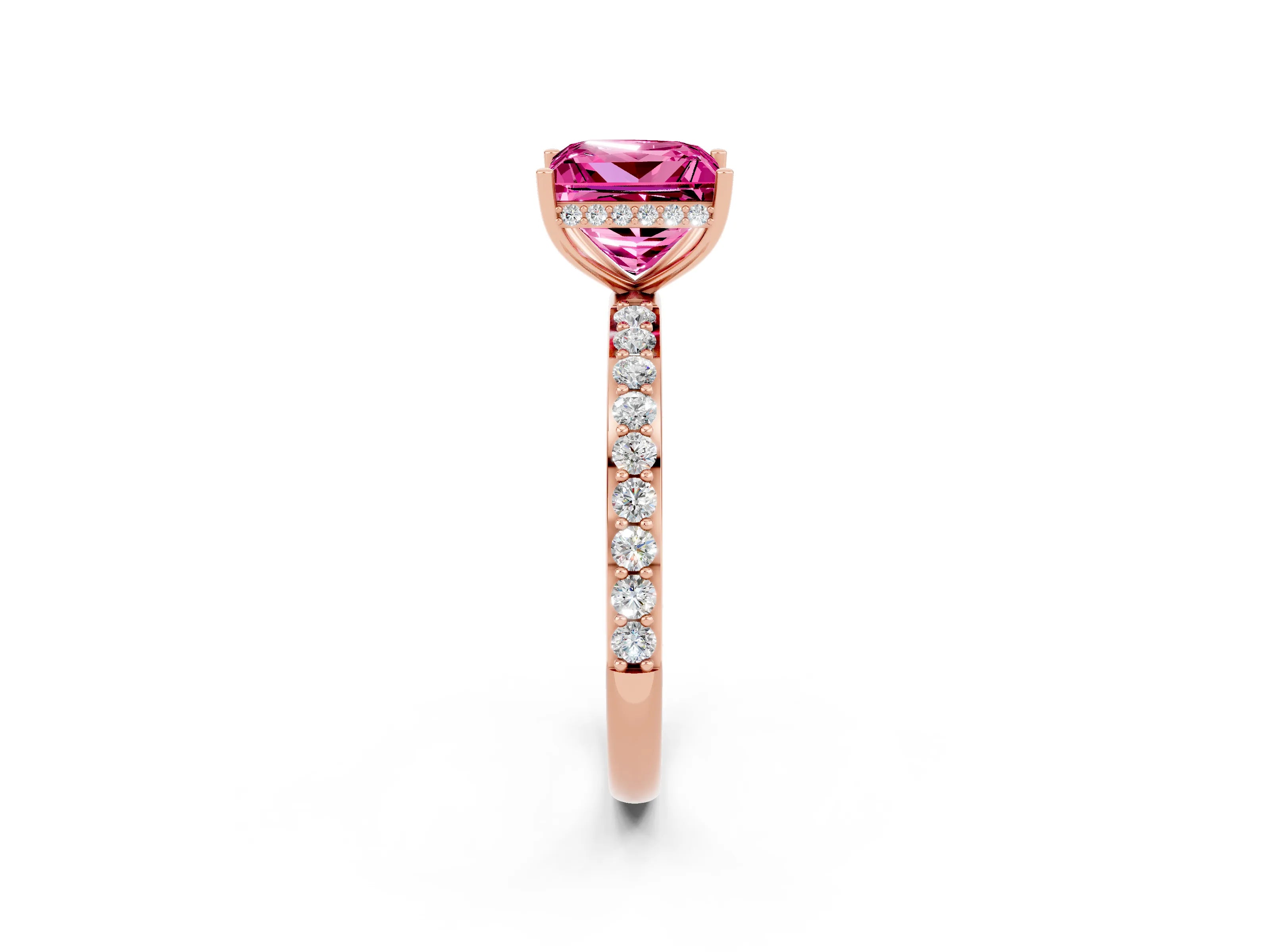 Rose gold Princess Cut Pink Sapphire Solitaire Ring with Pavé Band and Hidden Halo_14
