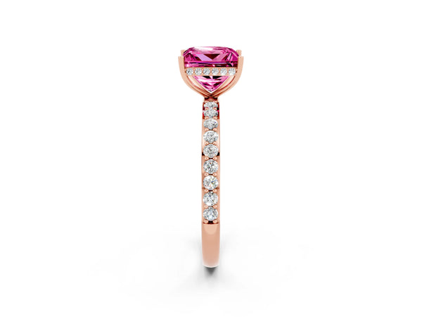Rose gold Princess Cut Pink Sapphire Solitaire Ring with Pavé Band and Hidden Halo