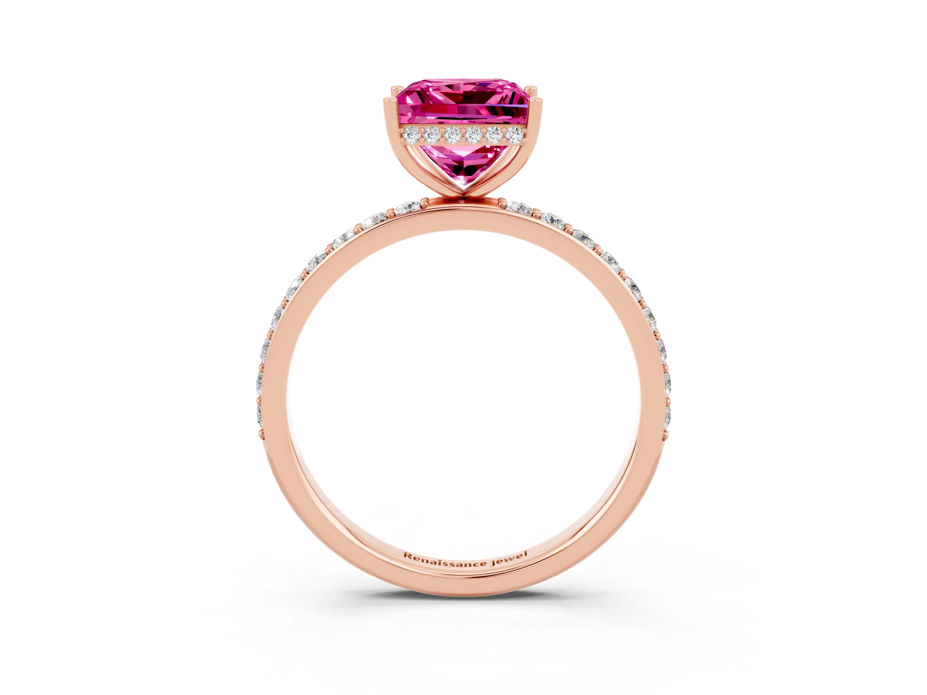 Rose gold Princess Cut Pink Sapphire Solitaire Ring with Pavé Band and Hidden Halo_15
