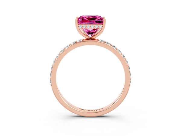 Rose gold Princess Cut Pink Sapphire Solitaire Ring with Pavé Band and Hidden Halo