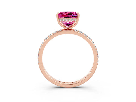 Rose gold Princess Cut Pink Sapphire Solitaire Ring with Pavé Band and Hidden Halo_15