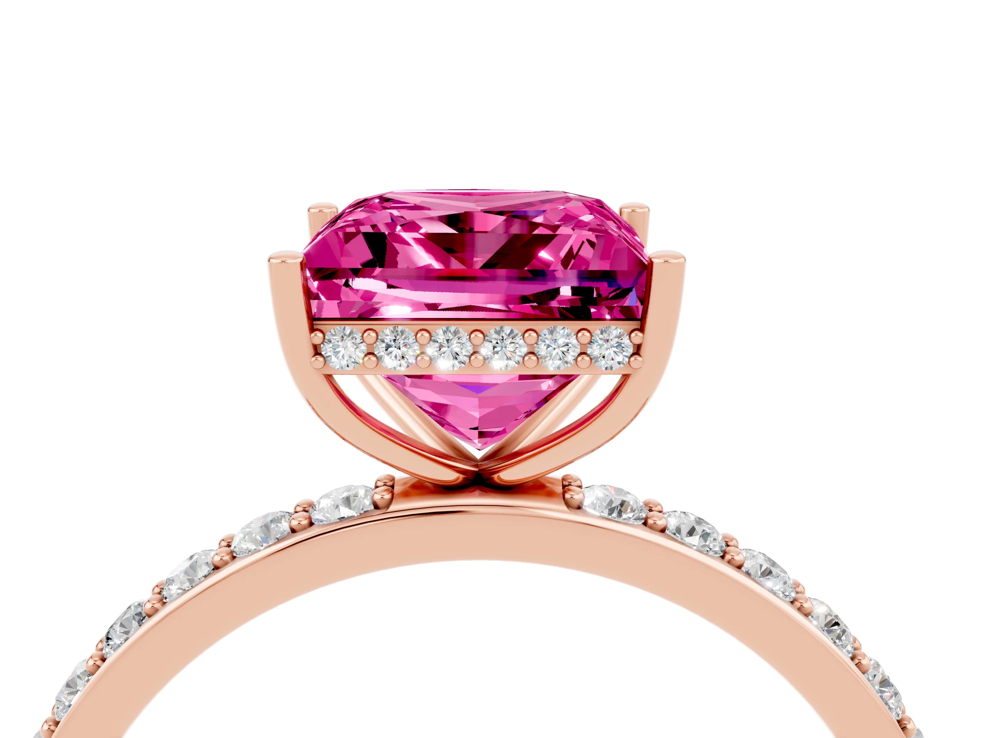 Rose gold Princess Cut Pink Sapphire Solitaire Ring with Pavé Band and Hidden Halo_16