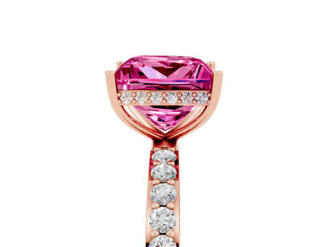 Rose gold Princess Cut Pink Sapphire Solitaire Ring with Pavé Band and Hidden Halo_17