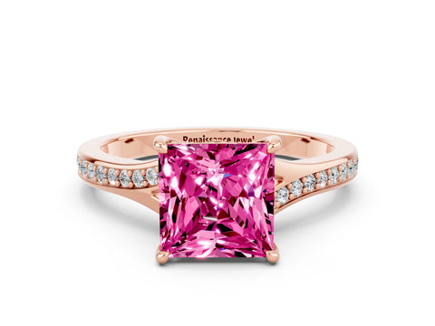 Rose gold Princess Cut Pink Sapphire Solitaire Ring with Pavé Band and Prong Setting_12