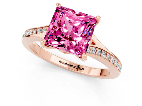 Rose gold Princess Cut Pink Sapphire Solitaire Ring with Pavé Band and Prong Setting_13