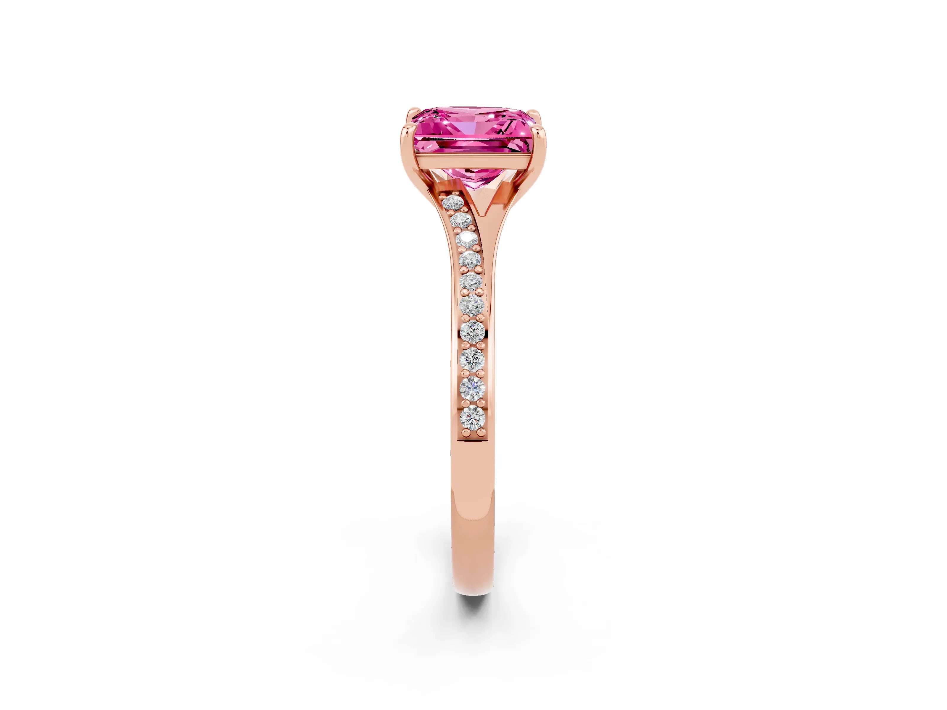 Rose gold Princess Cut Pink Sapphire Solitaire Ring with Pavé Band and Prong Setting_14