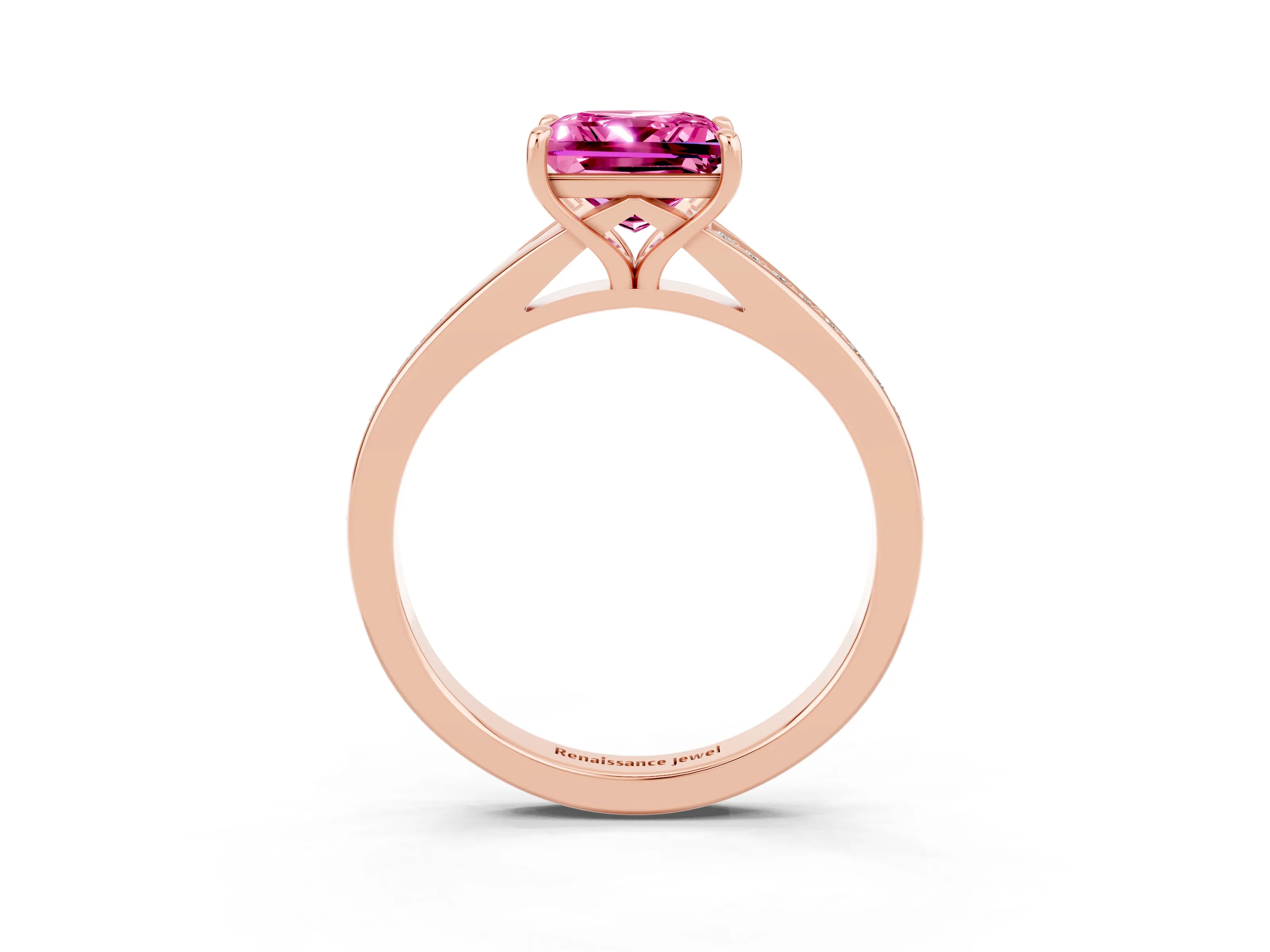 Rose gold Princess Cut Pink Sapphire Solitaire Ring with Pavé Band and Prong Setting_15