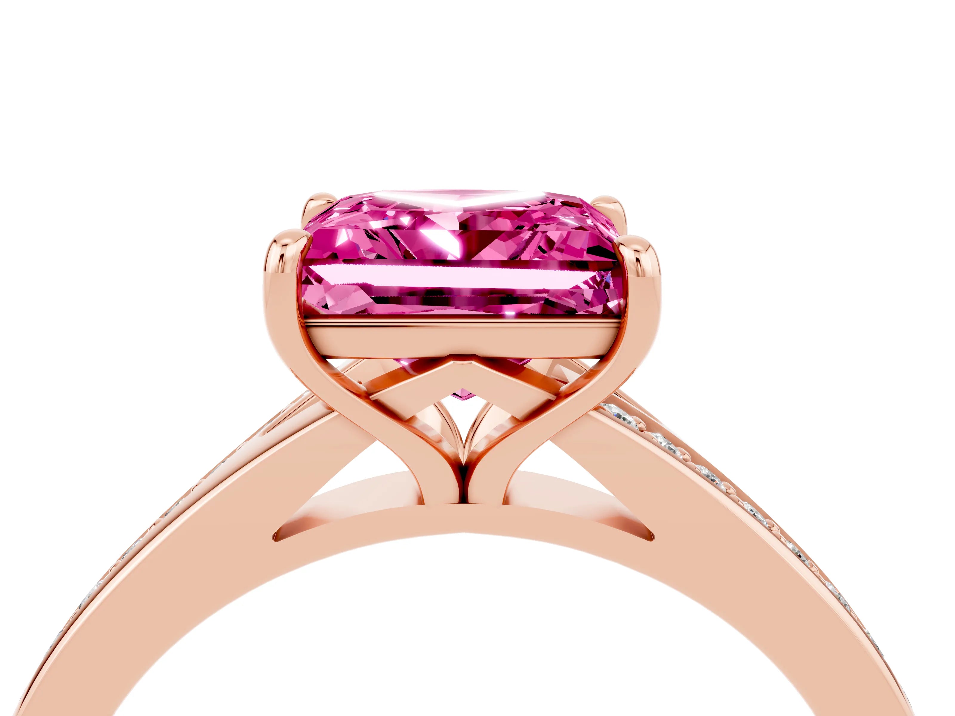 Rose gold Princess Cut Pink Sapphire Solitaire Ring with Pavé Band and Prong Setting_16
