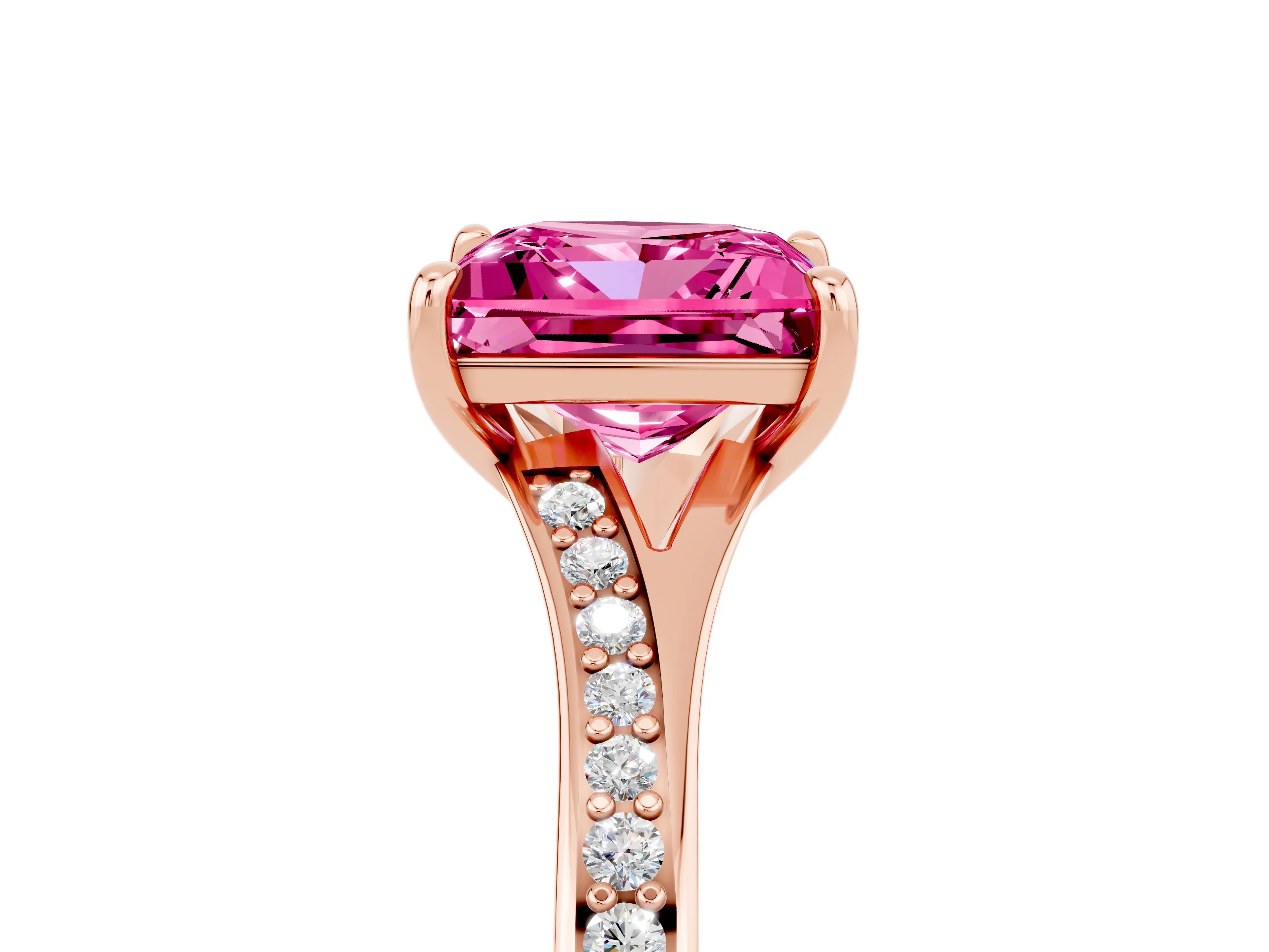 Rose gold Princess Cut Pink Sapphire Solitaire Ring with Pavé Band and Prong Setting_17