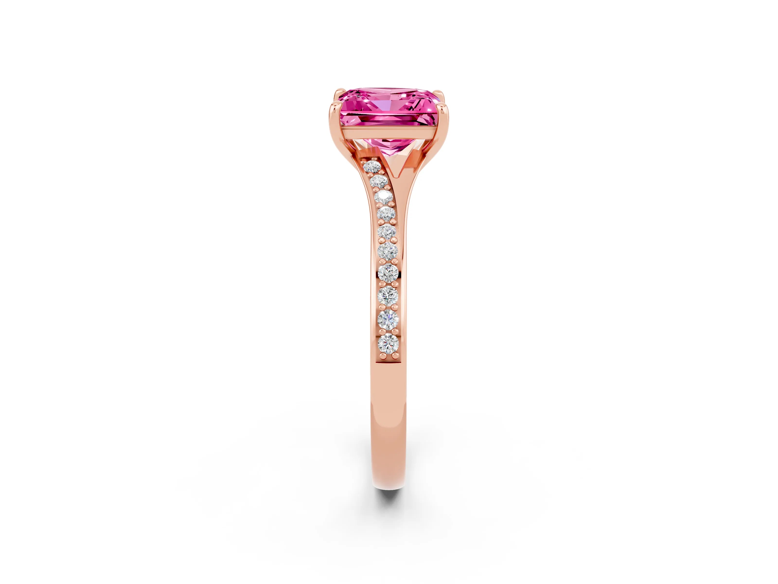 Rose gold Princess Cut Pink Sapphire Solitaire Ring with Pavé Band and Prong Setting_2