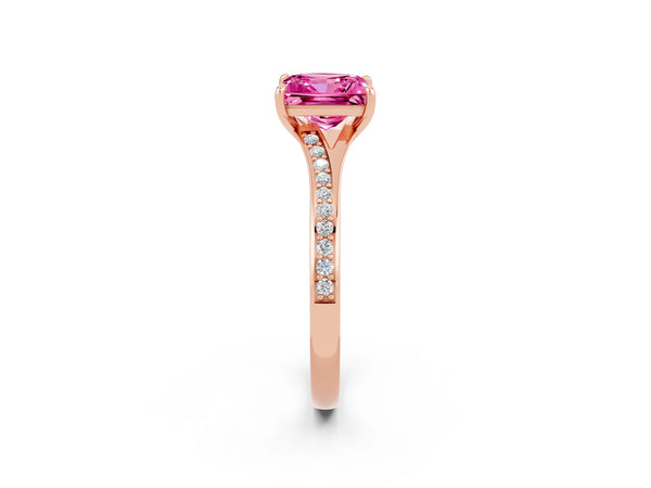 Rose gold Princess Cut Pink Sapphire Solitaire Ring with Pavé Band and Prong Setting