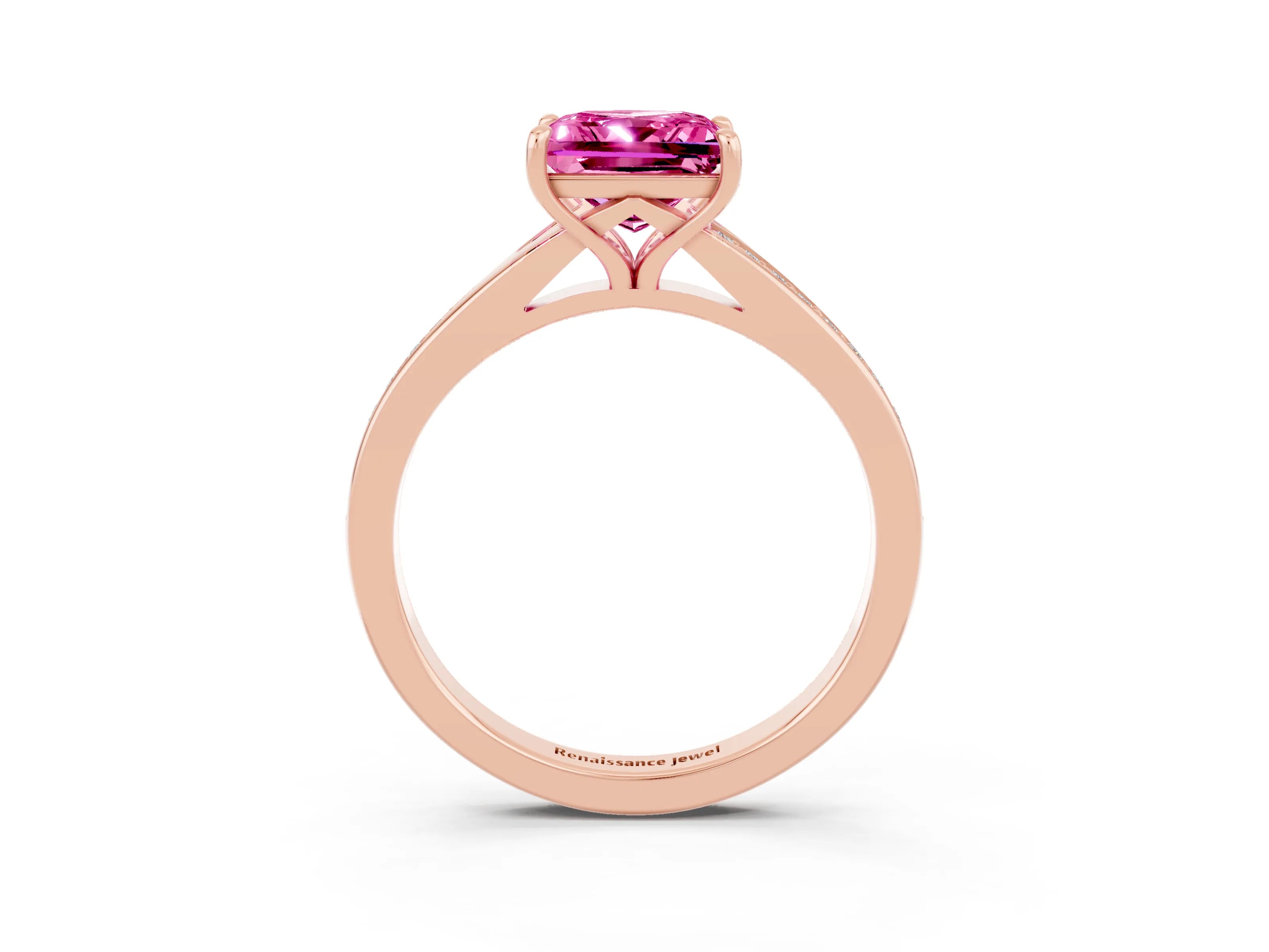 Rose gold Princess Cut Pink Sapphire Solitaire Ring with Pavé Band and Prong Setting_3