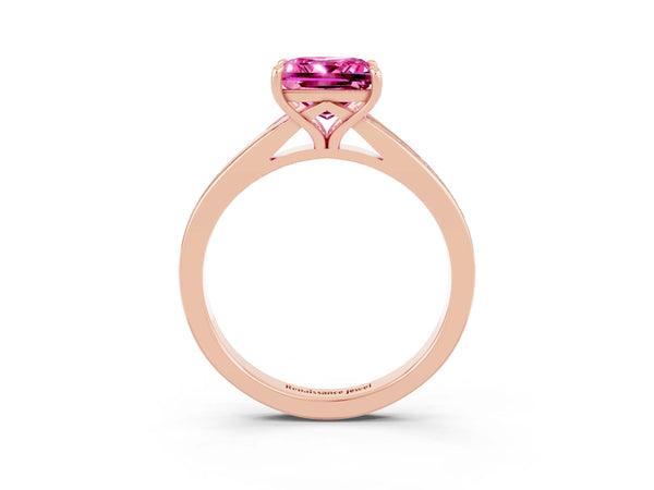 Rose gold Princess Cut Pink Sapphire Solitaire Ring with Pavé Band and Prong Setting