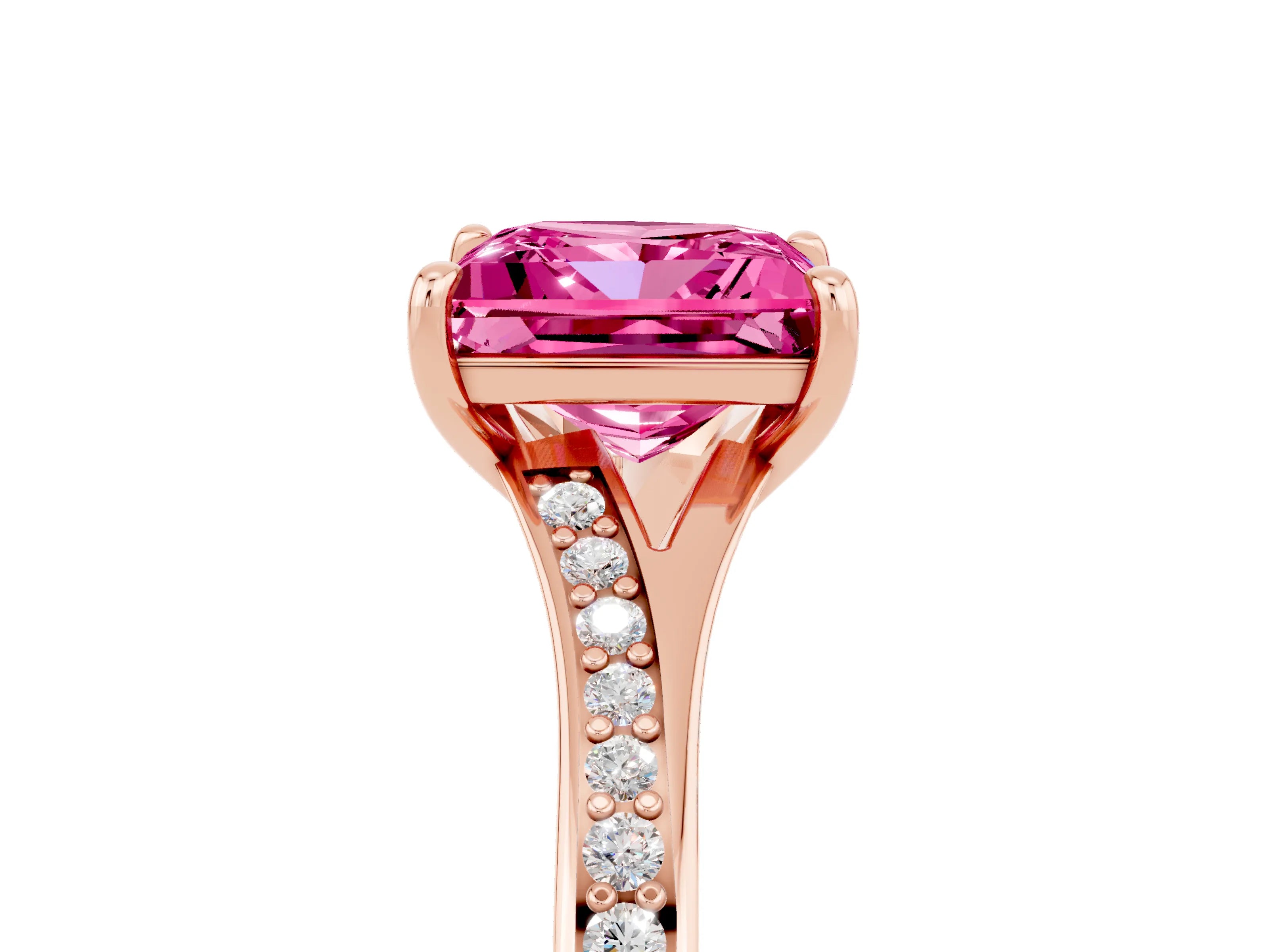 Rose gold Princess Cut Pink Sapphire Solitaire Ring with Pavé Band and Prong Setting_5